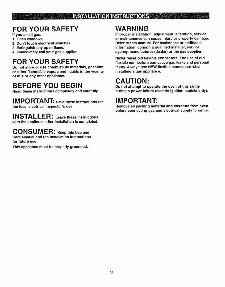 Installation instructions, For your safety, Before you begin | Warning, Caution, Important, Installer, Consumer | Kenmore 362.72239 User Manual | Page 28 / 42