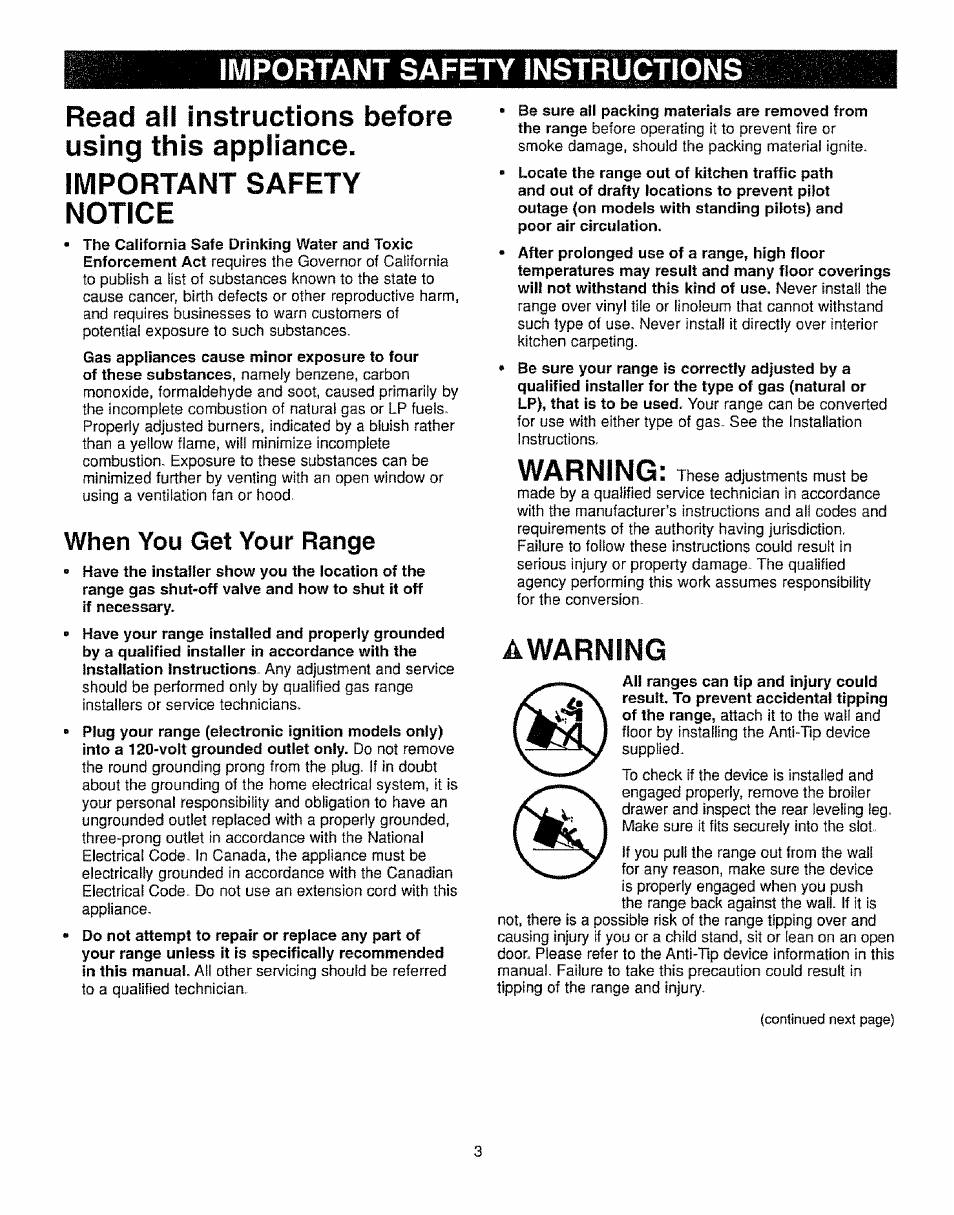 Important safety instructions, Read all instructions before using this appliance, Important safety notice | When you get your range, Awarning, Warning | Kenmore 362.72239 User Manual | Page 3 / 42