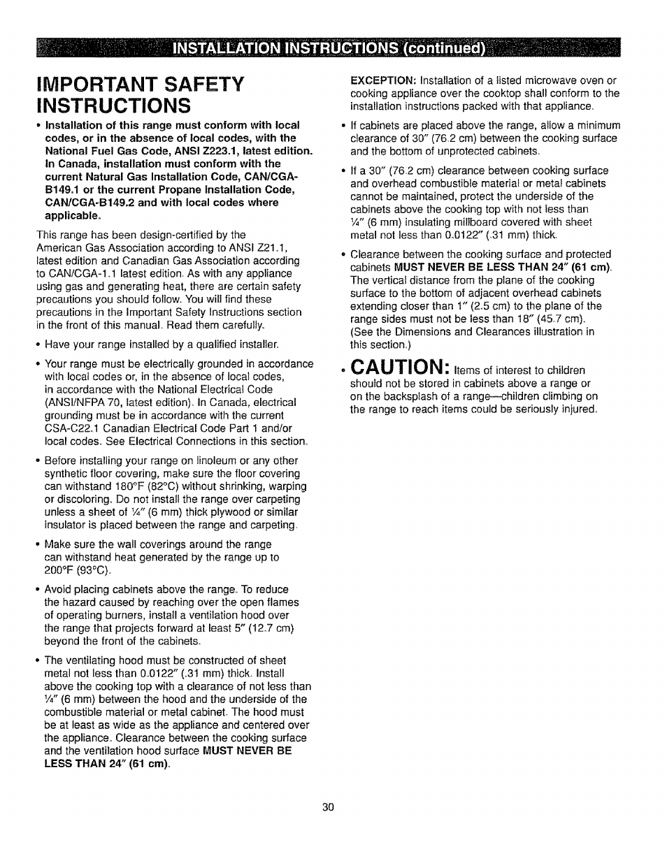 Important safety instructions, Caution, Installation instructions (continued) | Kenmore 362.72239 User Manual | Page 30 / 42