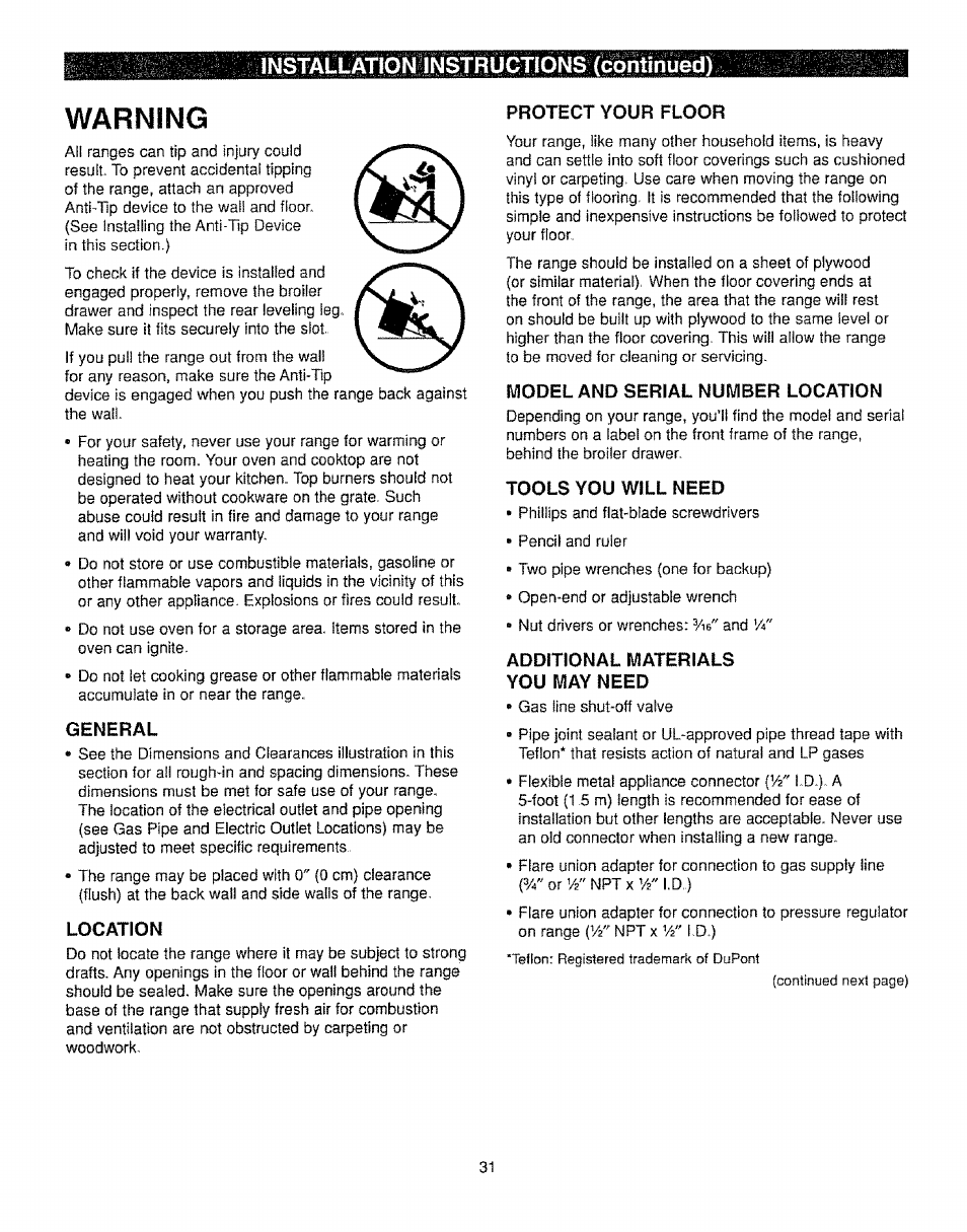 Warning, General, Protect your floor | Model and serial number location, Tools you will need, Additional materials you may need, Continued) | Kenmore 362.72239 User Manual | Page 31 / 42