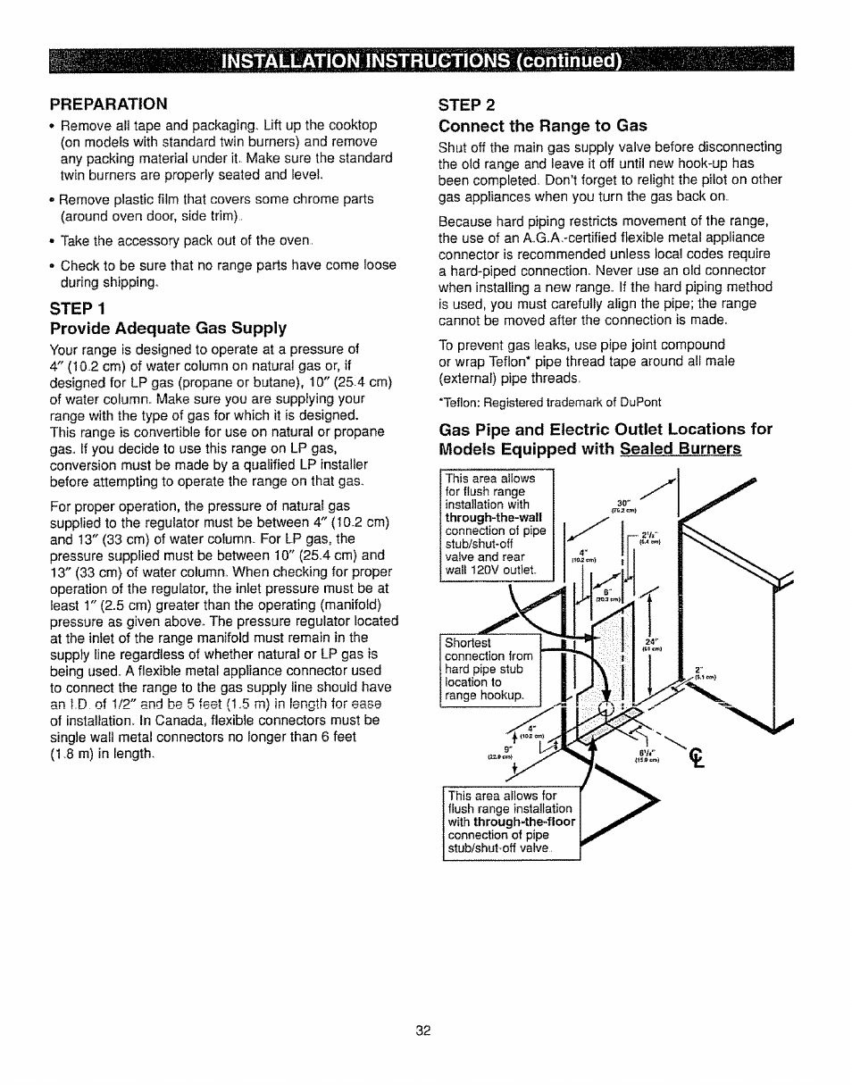 Preparation, Step1, Provide adequate gas supply | Step 2, Connect the range to gas, Installation instructions (continued) | Kenmore 362.72239 User Manual | Page 32 / 42