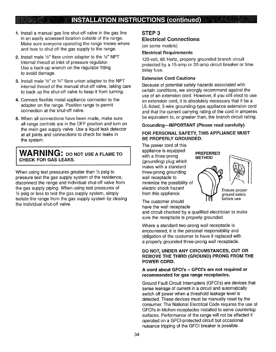 Electrical connections, Extension cord cautions, Warning | Installation instructions (continued) | Kenmore 362.72239 User Manual | Page 34 / 42