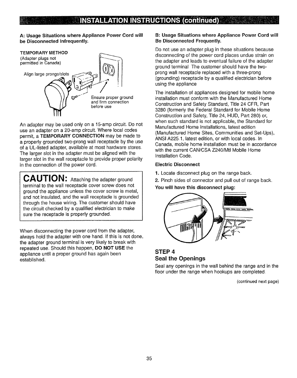 Step 4, Seal the openings, Installation instructions (continued) | Kenmore 362.72239 User Manual | Page 35 / 42