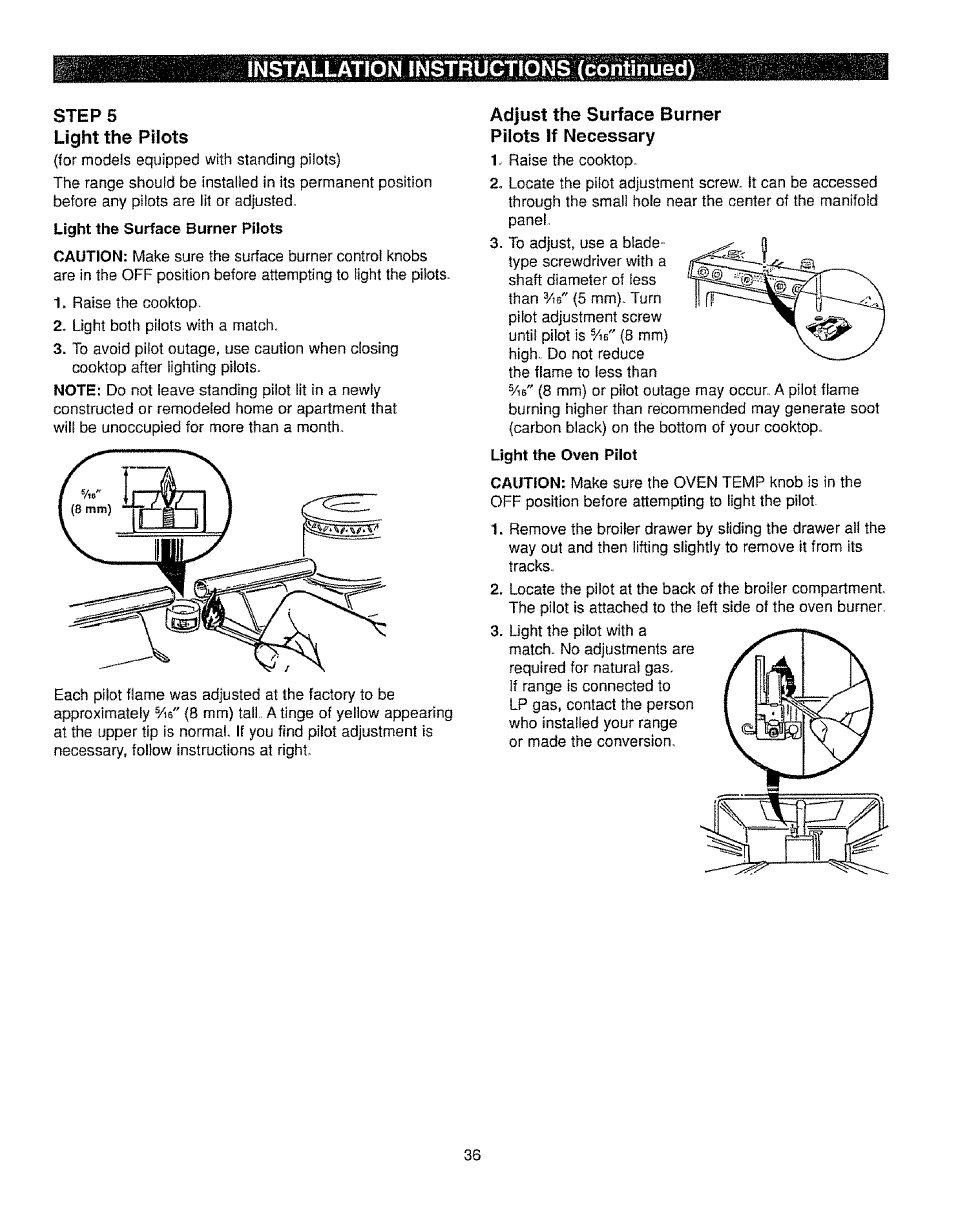 Steps, Light the pilots, Adjust the surface burner pilots if necessary | Installation instructions (continued) | Kenmore 362.72239 User Manual | Page 36 / 42