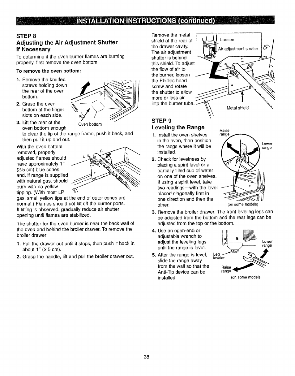 Adjusting the air adjustment shutter if necessary, Step 9, Leveling the range | Installation instructions (continued), Step 9 leveling the range | Kenmore 362.72239 User Manual | Page 38 / 42