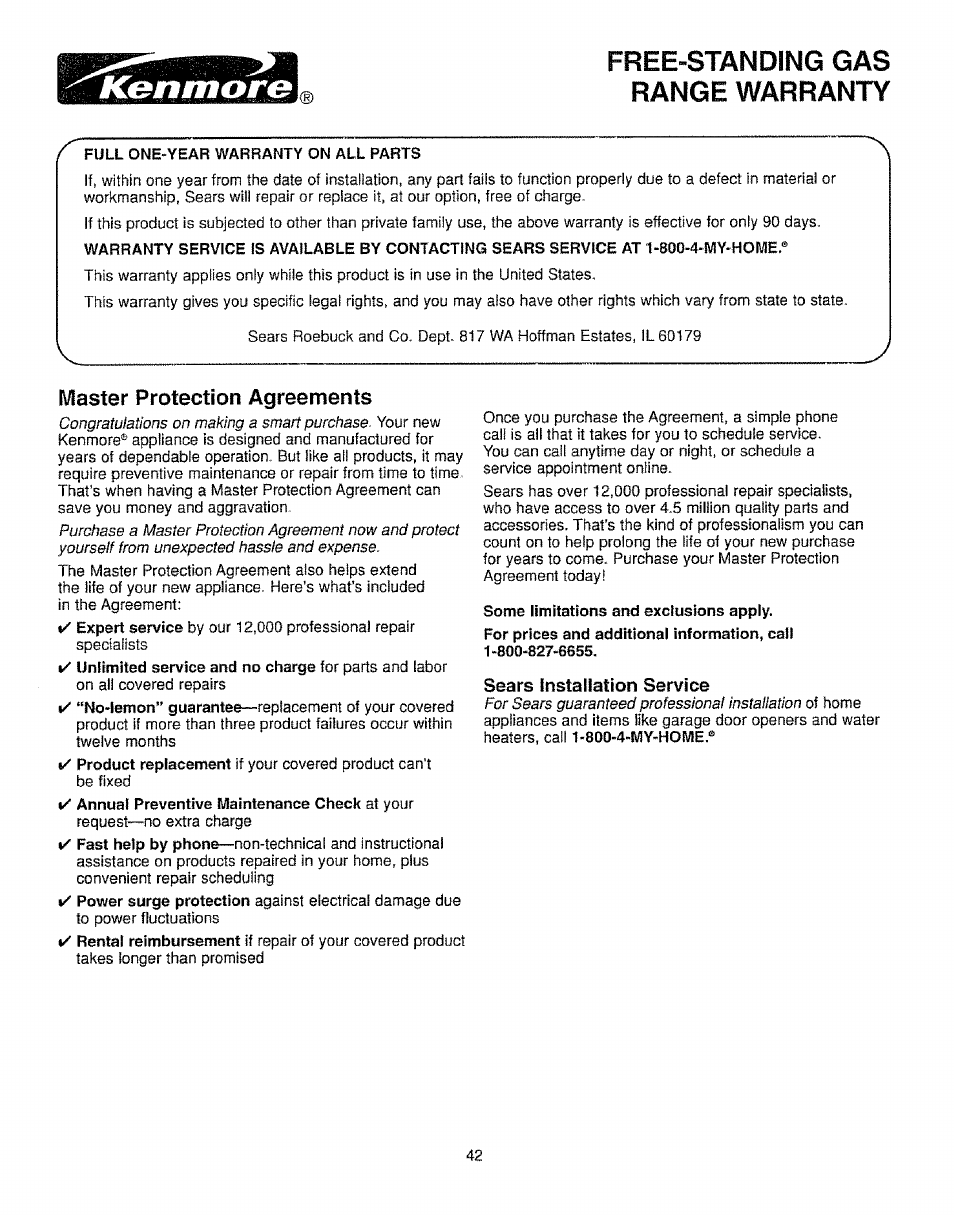Range warranty, Full one-year warranty on all parts, Master protection agreements | Some limitations and exclusions apply, Sesrs instbllbtioii service | Kenmore 362.72239 User Manual | Page 42 / 42