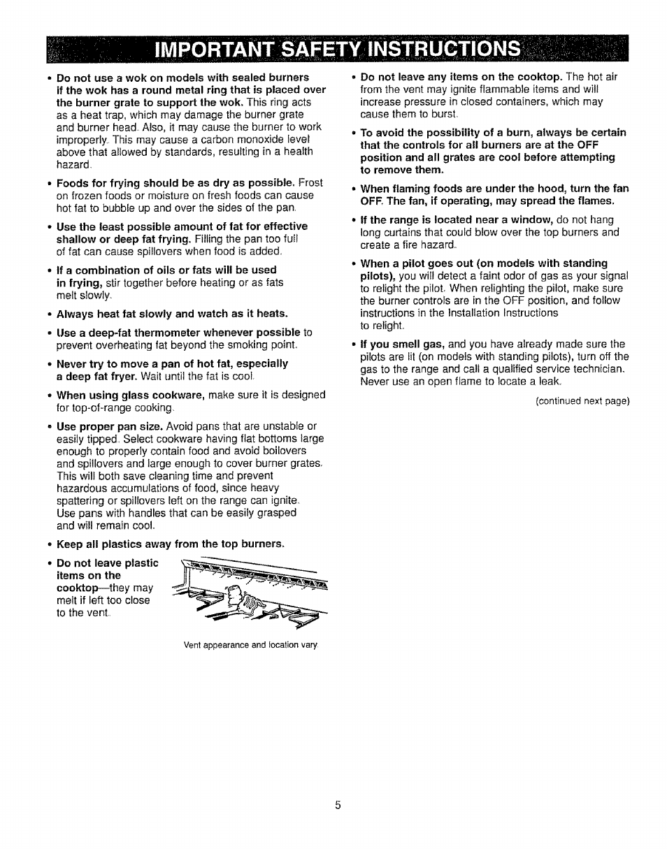 Important, Do not use a wok on models with sealed burners, Do not leave any items on the cooktop. the hot air | Important ídüiyslá'iüít | Kenmore 362.72239 User Manual | Page 5 / 42