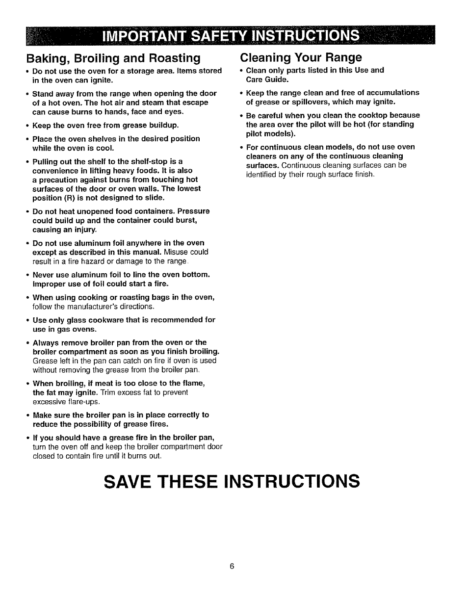 Baking, broiling and roasting, Cleaning your range, Save these instructions | Kenmore 362.72239 User Manual | Page 6 / 42