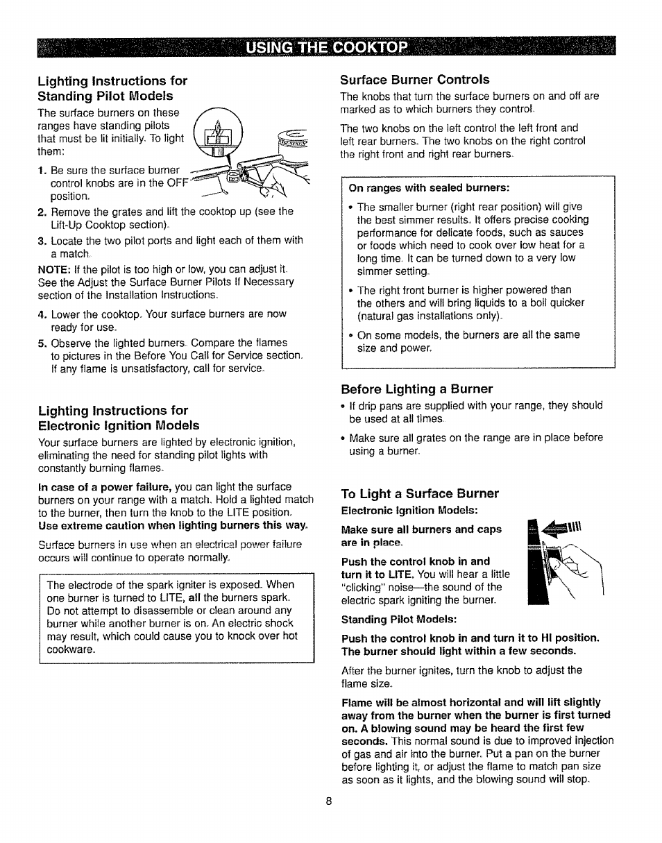 Using the cooktop, Lighting instructions for standing pilot models, Surface burner controls | Before lighting a burner, To light a surface burner | Kenmore 362.72239 User Manual | Page 8 / 42