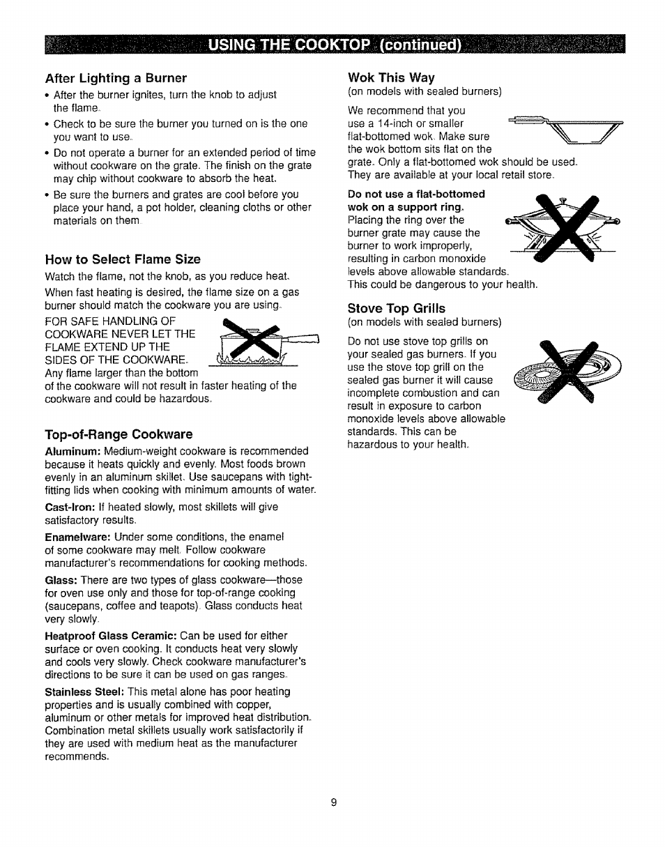 Üsíngí the cooktop (continued), After lighting a burner, How to select flame size | Top-of-range cookware, Wok this way, Stove top grills | Kenmore 362.72239 User Manual | Page 9 / 42