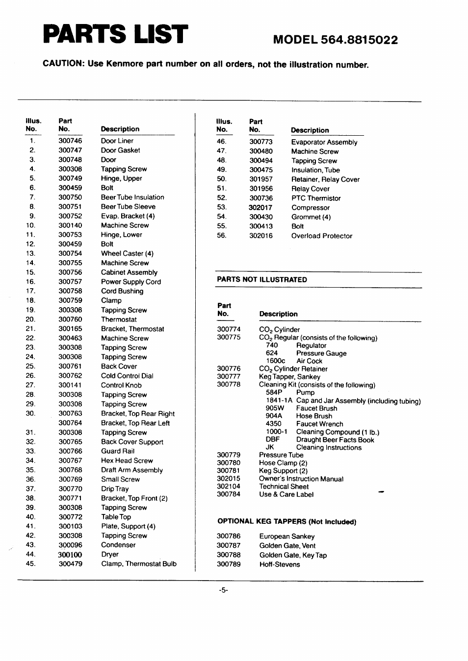 Parts list, Model 564.8815022 | Kenmore 564.8815022 User Manual | Page 5 / 8