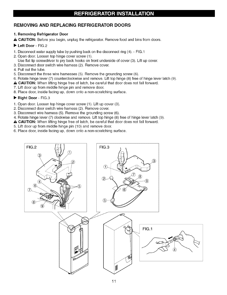 Removing and replacing refrigerator doors, Refrigerator installation | Kenmore TRIO 795.7757 User Manual | Page 11 / 115