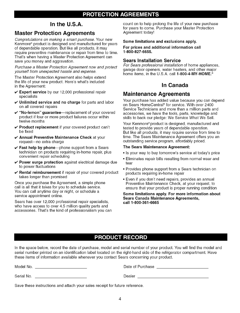 In the u.s.a, Master protection agreements, Sears installation service | In canada maintenance agreements, Product record | Kenmore TRIO 795.7757 User Manual | Page 4 / 115