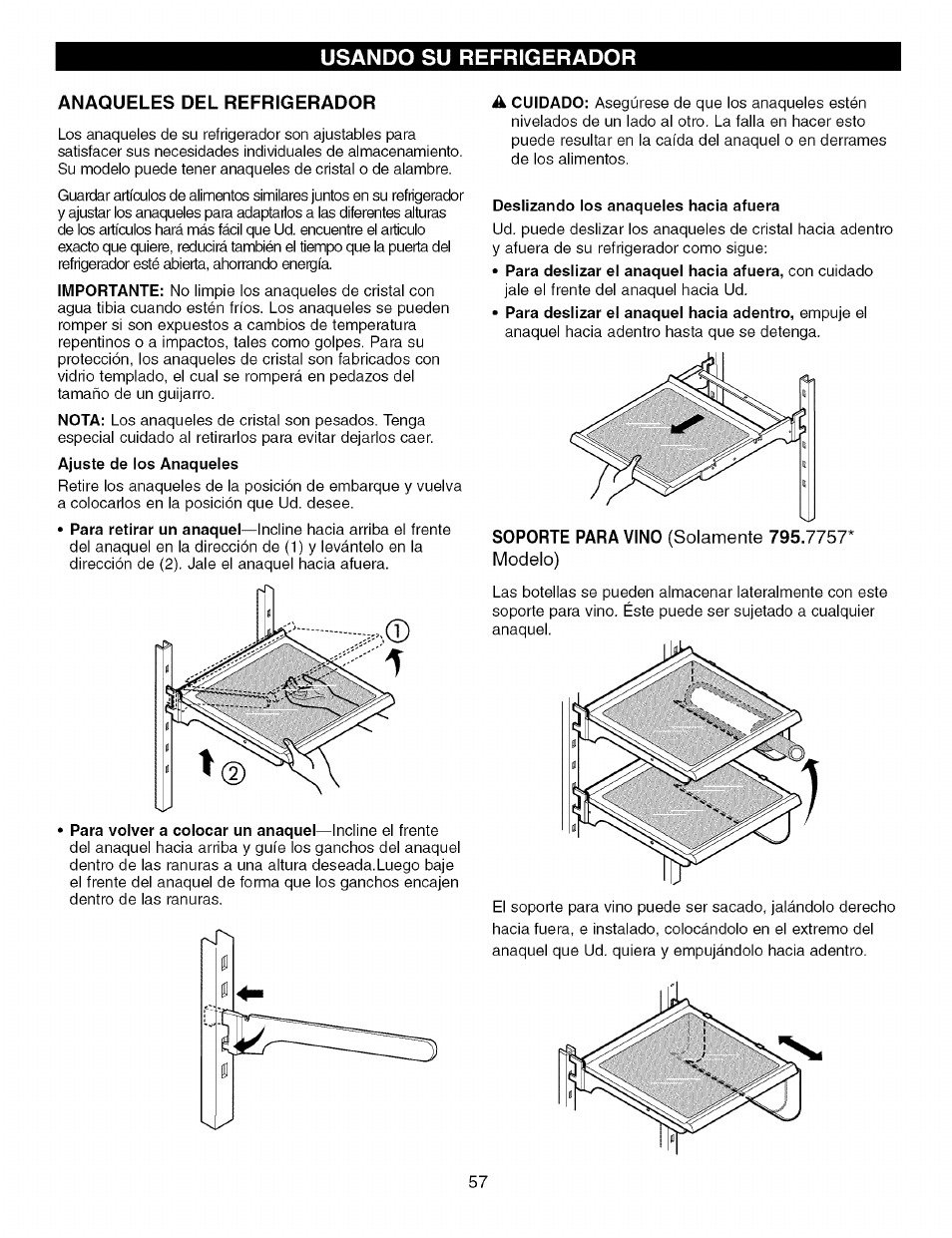 Anaqueles del refrigerador, Soporte para vino (solamente 795.7757* modelo), Usando su refrigerador | Kenmore TRIO 795.7757 User Manual | Page 57 / 115