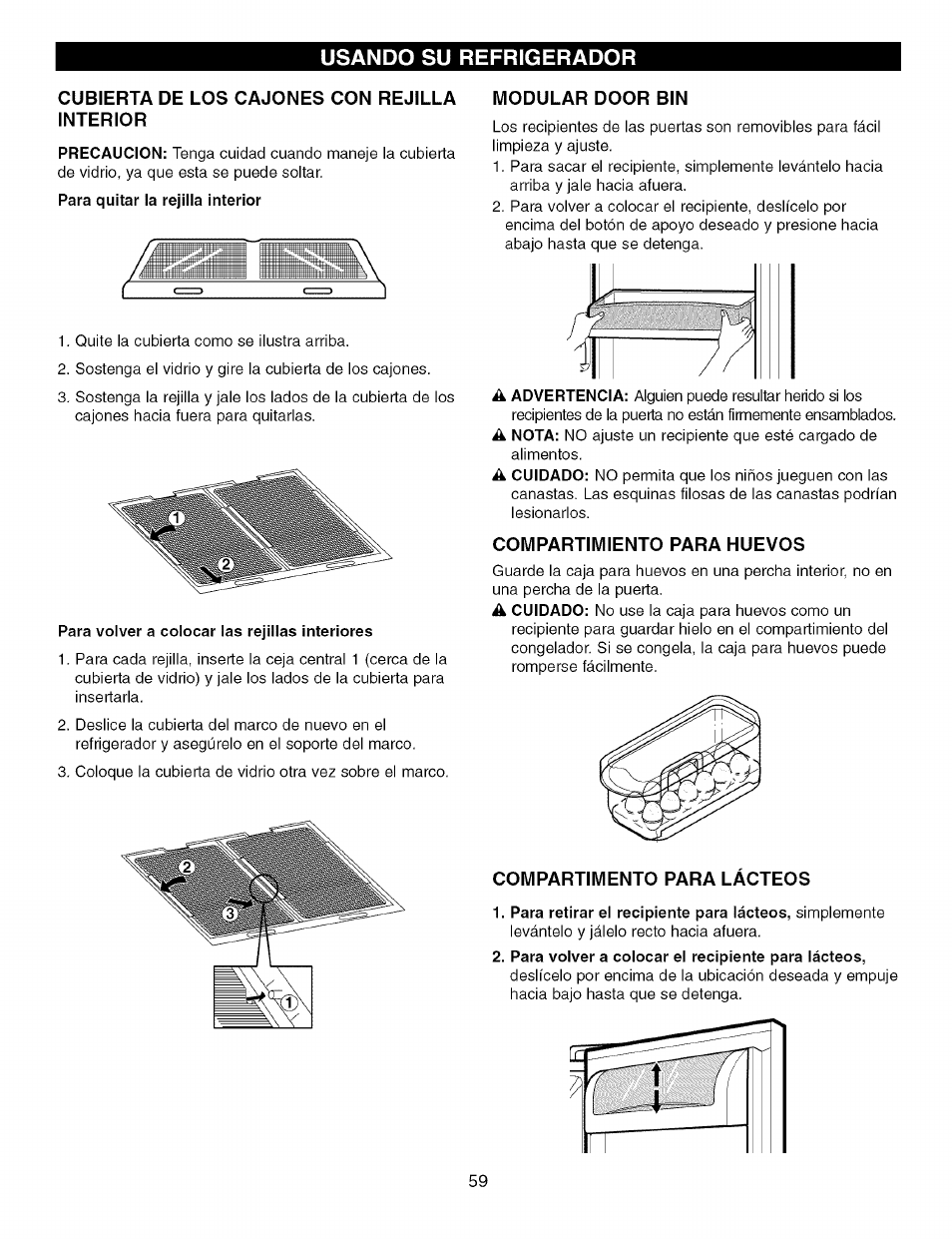 Cubierta de los cajones con rejilla interior, Modular door bin, Compartimiento para huevos | Compartimento para lacteos, Compartimento para lácteos, Usando su refrigerador | Kenmore TRIO 795.7757 User Manual | Page 59 / 115