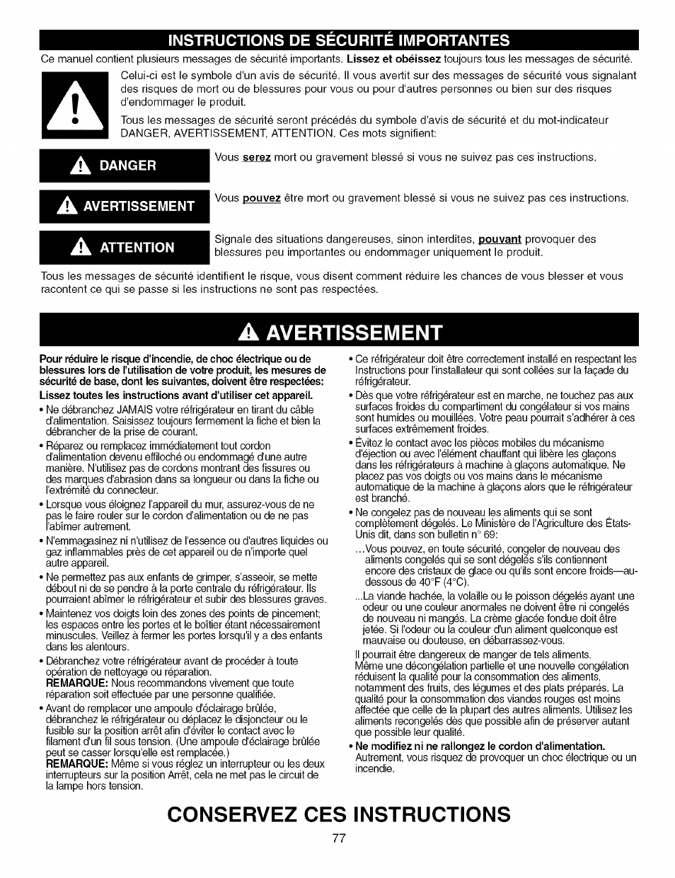 A avertissement, Conservez ces instructions, Avertissement | Kenmore TRIO 795.7757 User Manual | Page 77 / 115