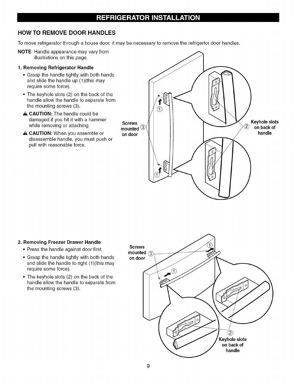 Howto remove door handles, Refrigerator installation | Kenmore TRIO 795.7757 User Manual | Page 9 / 115