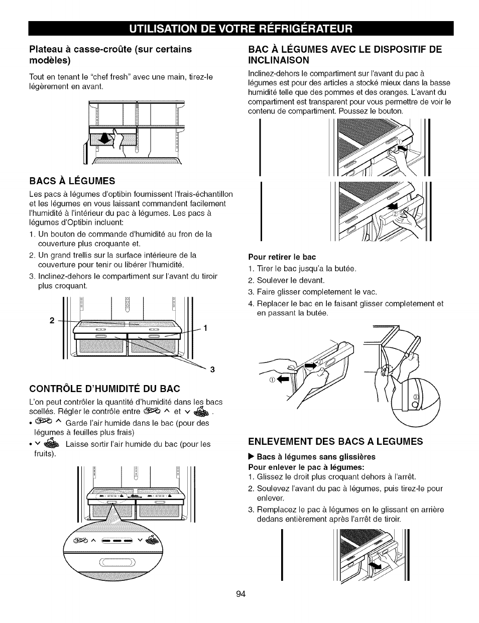 Plateau à casse-croûte (sur certains modèles), Controle d’humidite du bac, Bac a legumes avec le dispositif de inclinaison | Enlevement des bacs a legumes, Contrôle de l'humidité du bac, Enlevement du bac à légumes, Utilisation de votre refrigerateur | Kenmore TRIO 795.7757 User Manual | Page 94 / 115