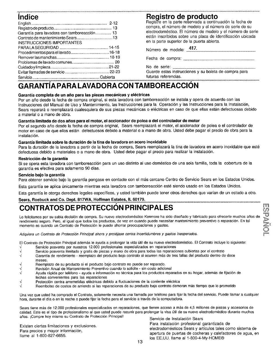 Índice registro de producto, Garantíaparalavadoracontamboreacción, Contratos de protección principales | Kenmore 134190400 (0209) User Manual | Page 13 / 24