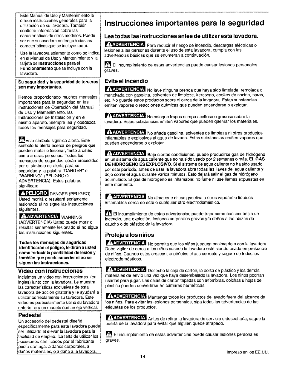 Instrucciones importantes para la seguridad, Video con instrucciones, Pedestal | Evite el incendio, Proteja a los niños | Kenmore 134190400 (0209) User Manual | Page 14 / 24