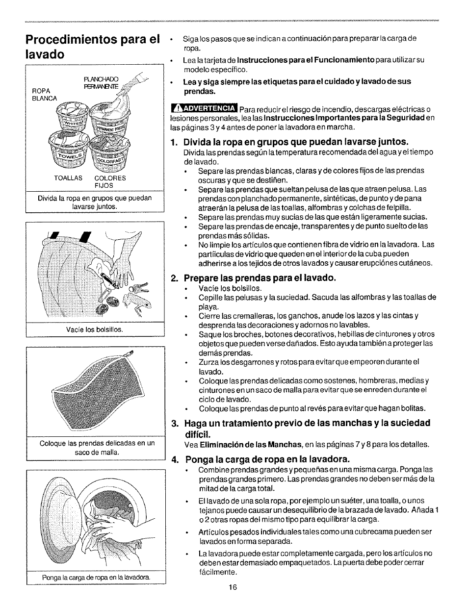 Procedimientos para el lavacio, Divida la ropa en grupos que puedan lavarse juntos, Prepare las prendas para el lavado | Difícil, Ponga la carga de ropa en la lavadora | Kenmore 134190400 (0209) User Manual | Page 16 / 24