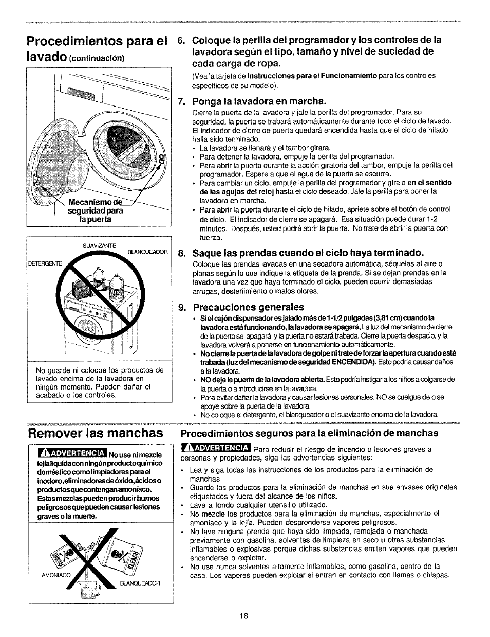 Procedimientos para el iavado, Remover las manchas, Ponga la lavadora en marcha | Saque las prendas cuando el ciclo haya terminado, Precauciones generales | Kenmore 134190400 (0209) User Manual | Page 18 / 24