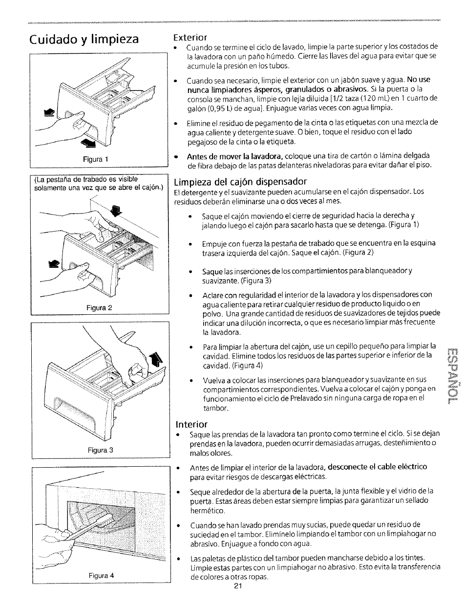 Cuidado y limpieza, Exterior, Limpieza del cajón dispensador | Interior | Kenmore 134190400 (0209) User Manual | Page 21 / 24