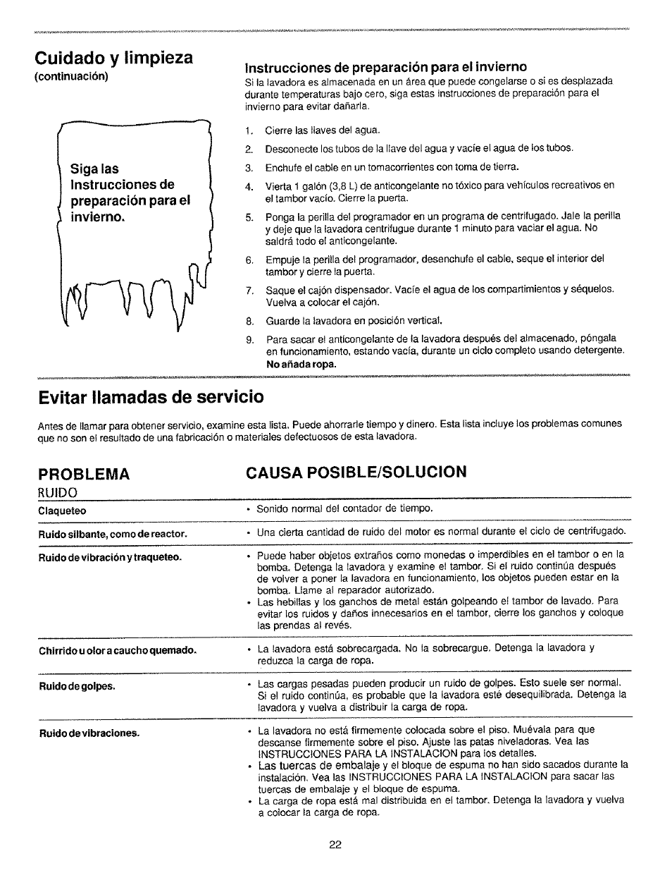 Cuidado y limpieza, Evitar llamadas de servicio, Instrucciones de preparación para el invierno | Problema, Causa posible/solucion | Kenmore 134190400 (0209) User Manual | Page 22 / 24