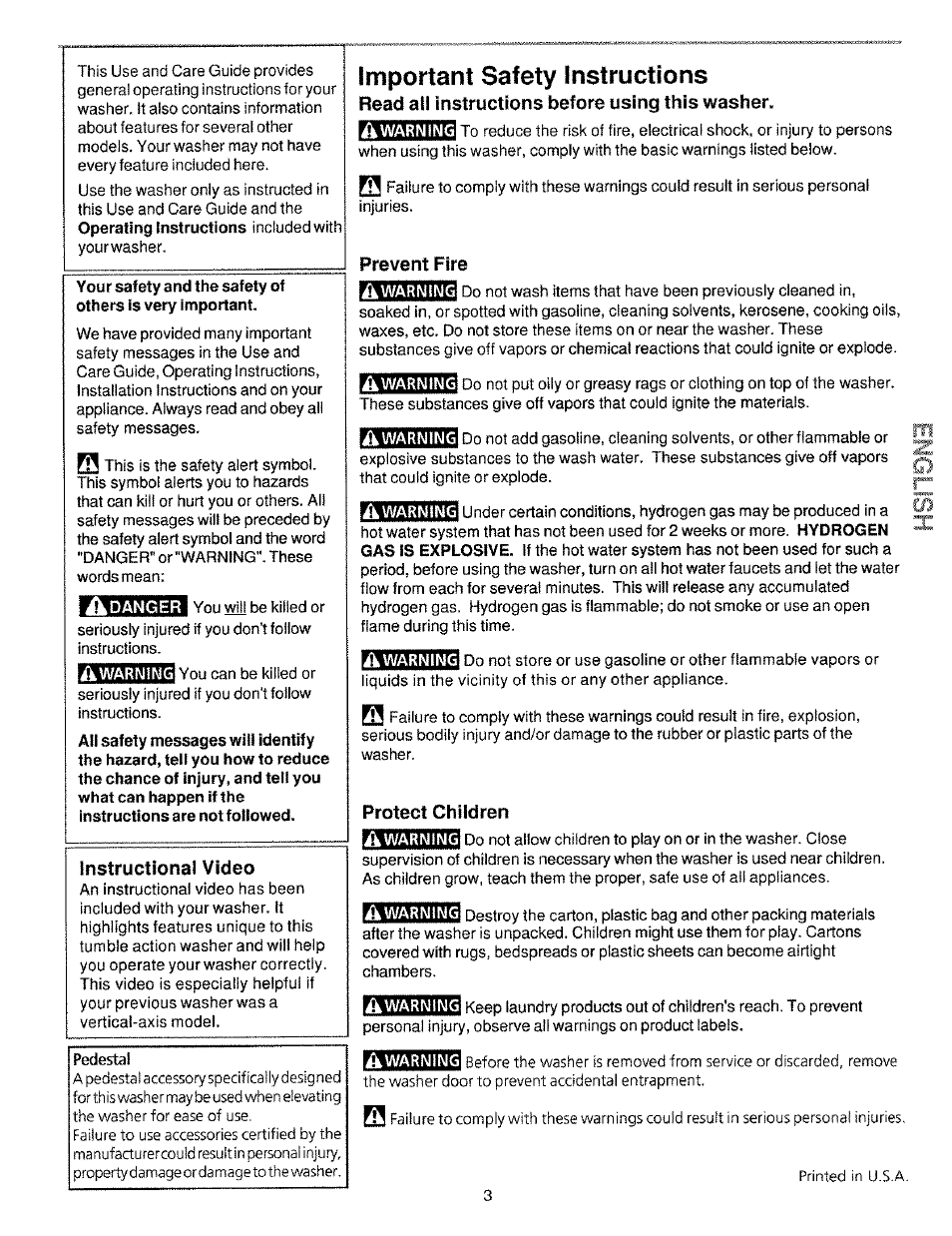 Important safety instructions, Instructional video, Read ail instructions before using this washer | Prevent fire i, Protect children | Kenmore 134190400 (0209) User Manual | Page 3 / 24