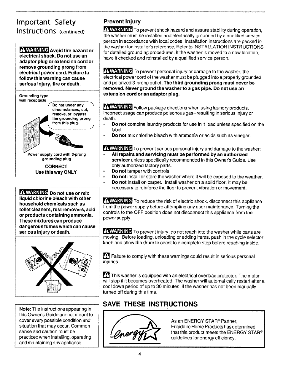 Important safety instructions, Prevent injury, Save these (f43jryct|ojsjs | Kenmore 134190400 (0209) User Manual | Page 4 / 24