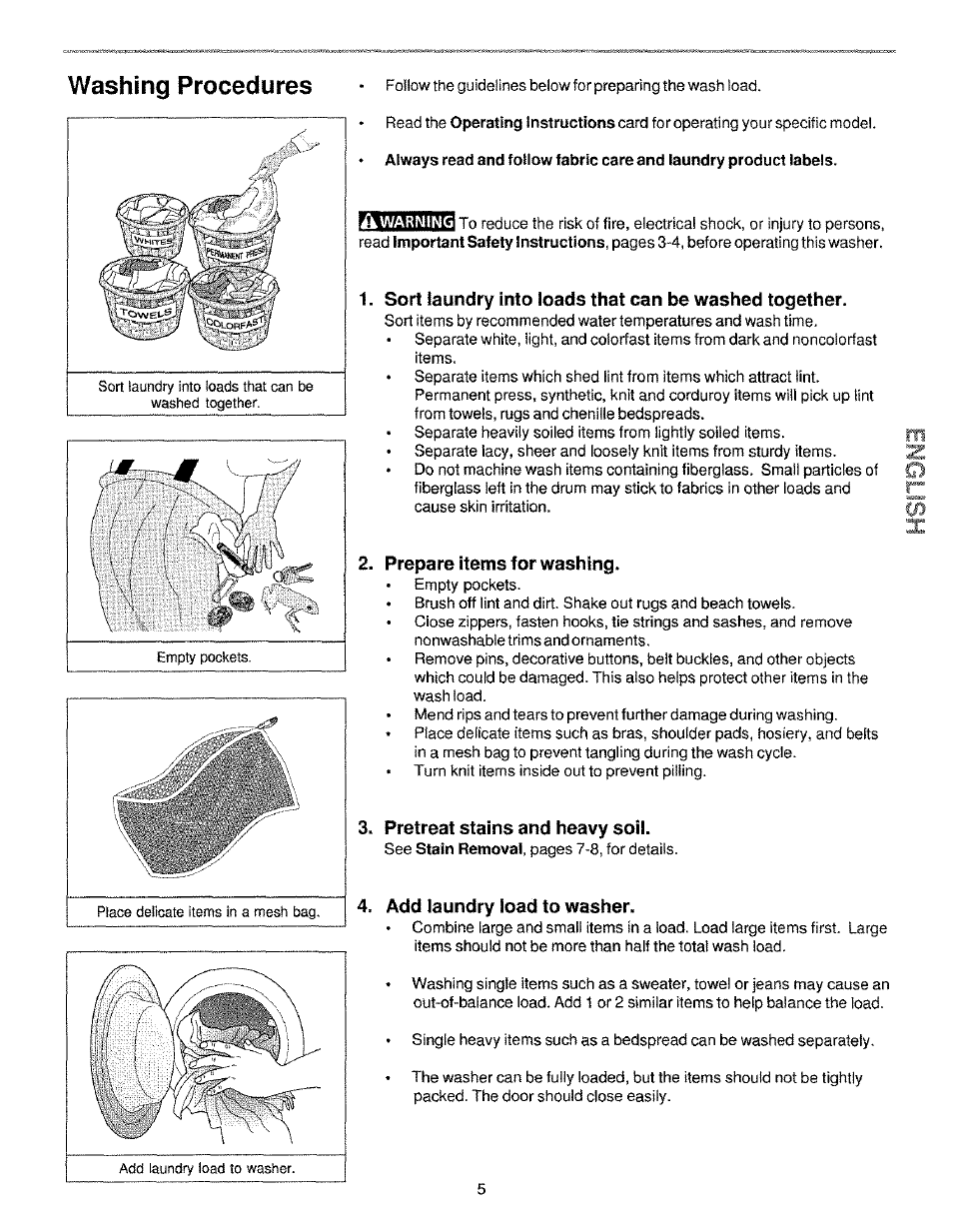 Washing procedures, Prepare items for washing, Pretreat stains and heavy soil | Add laundry load to washer | Kenmore 134190400 (0209) User Manual | Page 5 / 24