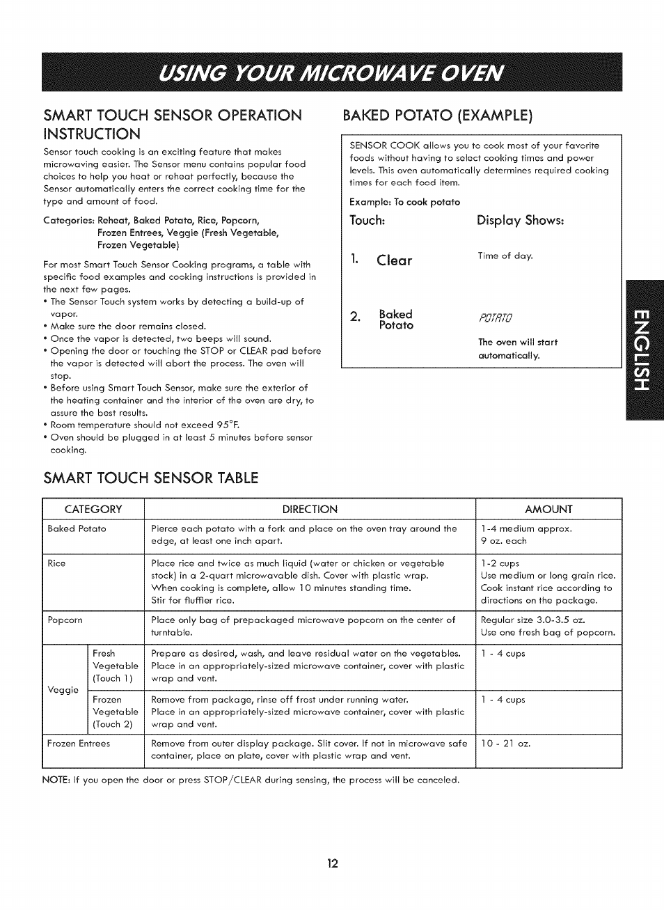 Smart touch sensor table, Baked potato (example), Smart touch sensor table 2 | Using your microwa ve ove, Smart touch sensor operation instruction, Touch: display shows, Clear, Baked, Smart touch sensor table baked potato (example), Potato | Kenmore ELITE 721. 7920 User Manual | Page 12 / 51