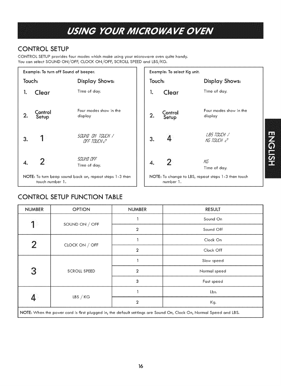 Control setup function table, Control setup function table 6, Using your microwa ve ove | Control setup, Touch: display shows, Control | Kenmore ELITE 721. 7920 User Manual | Page 16 / 51