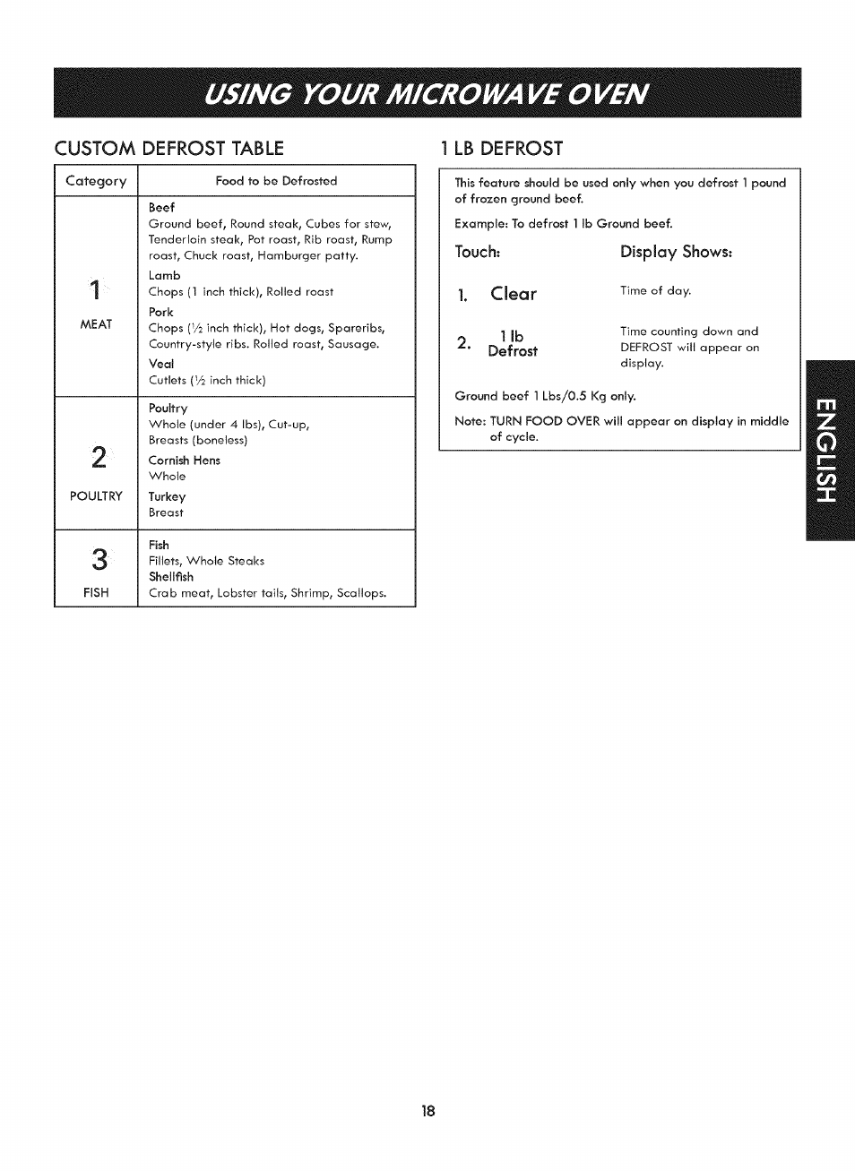 1 lb defrost, Touch, Clear | 1 lb defrost 8, Using your microwa ve ove, Custom defrost table, Display shows: touch | Kenmore ELITE 721. 7920 User Manual | Page 18 / 51