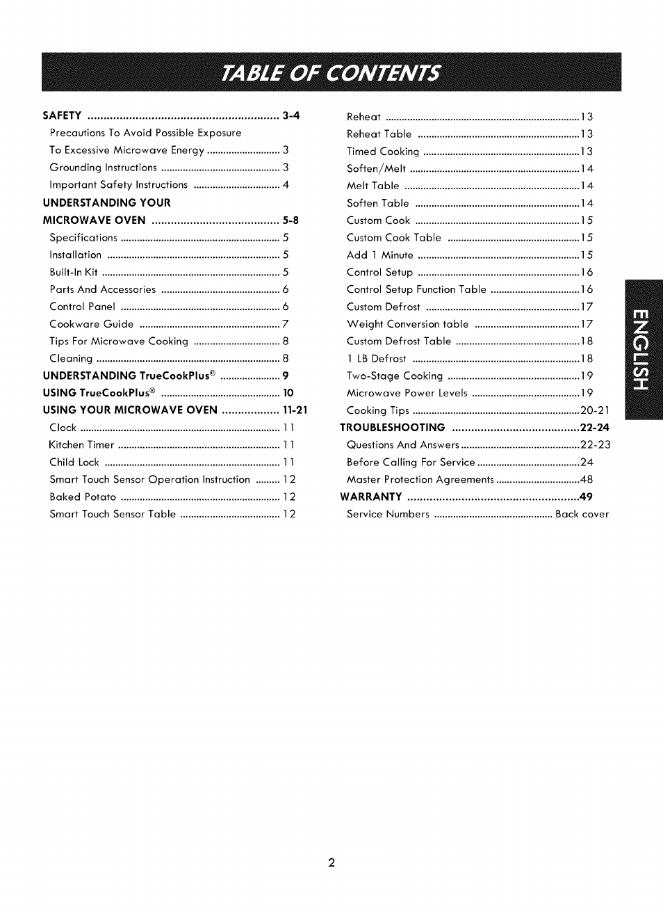 Table of content | Kenmore ELITE 721. 7920 User Manual | Page 2 / 51