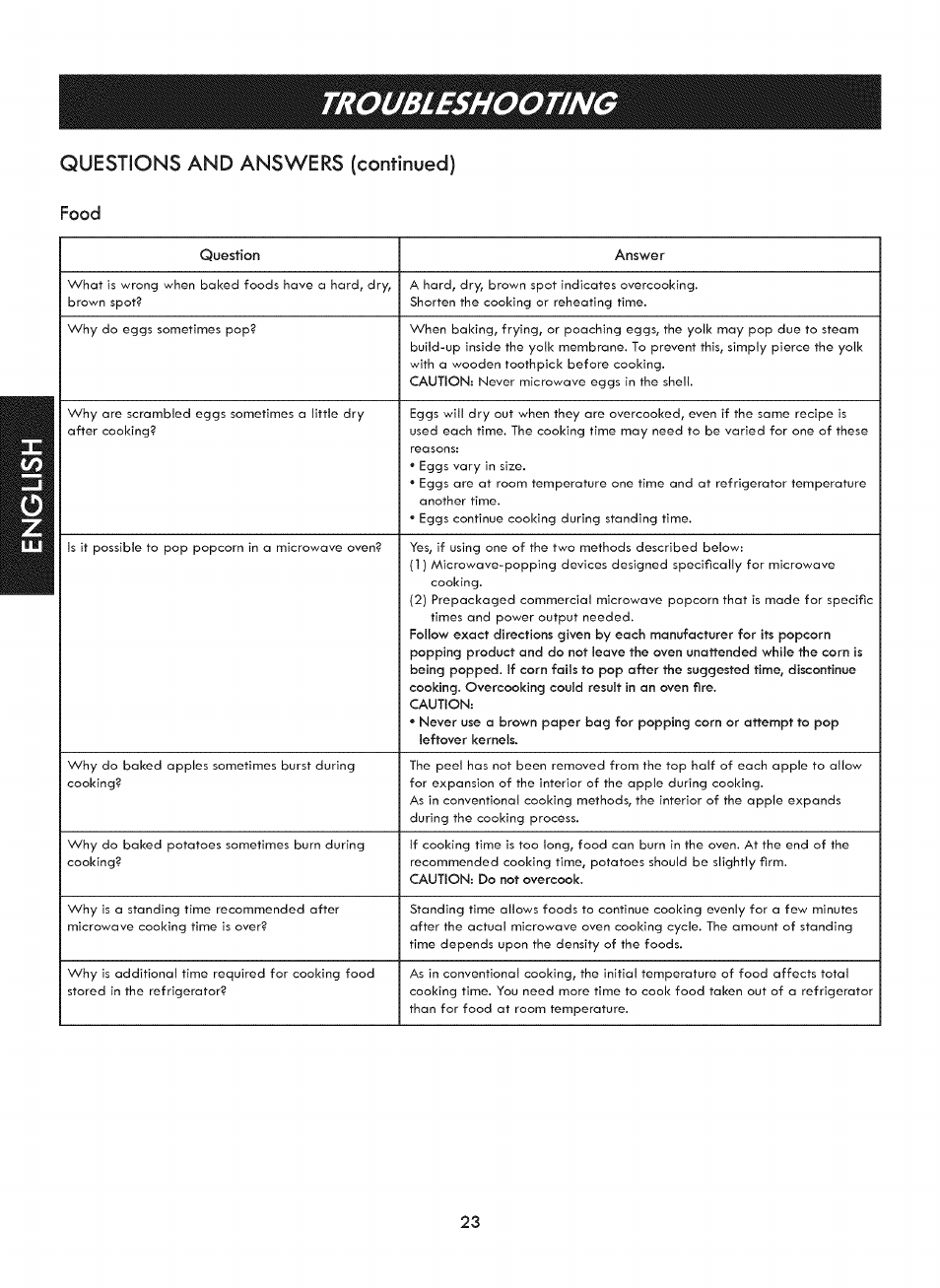 Questions and answers (continued), Food, Troubleshooting | Kenmore ELITE 721. 7920 User Manual | Page 23 / 51