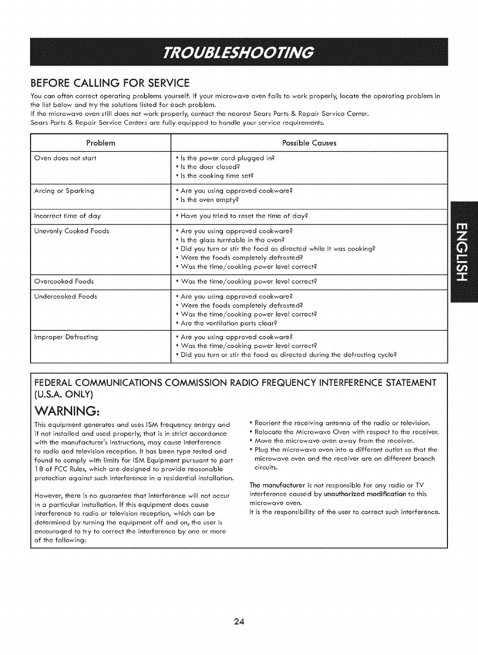 Before calling for service, Troubleshooting, Warning | Kenmore ELITE 721. 7920 User Manual | Page 24 / 51