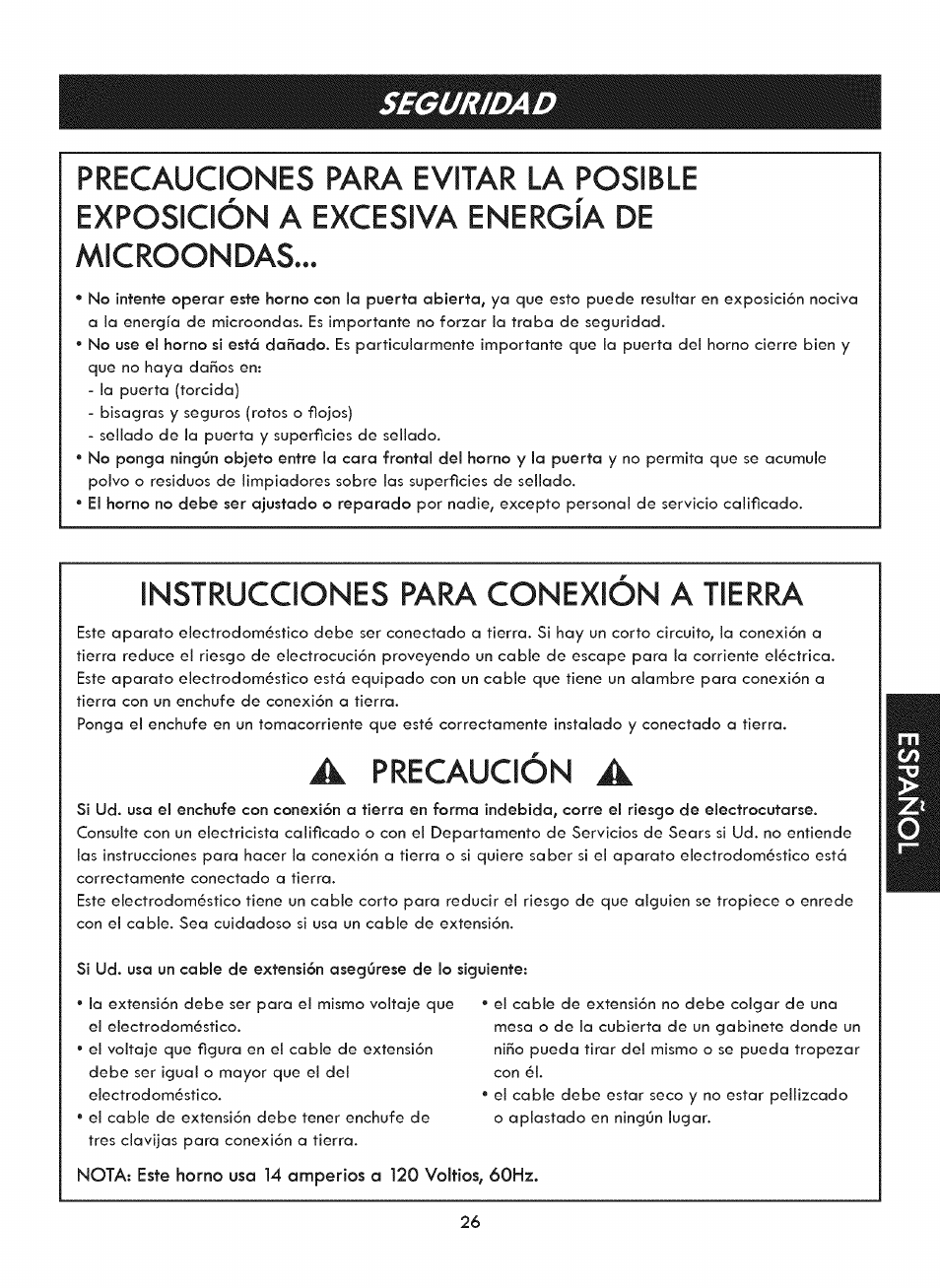 Instrucciones para conexion a tierra, Instrucciones para conexión a tierra, Precaución | Seguridad | Kenmore ELITE 721. 7920 User Manual | Page 26 / 51