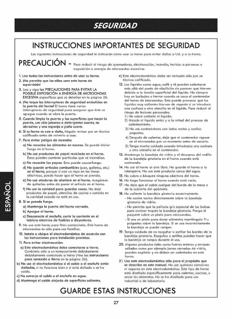 Instrucciones importantes de seguridad, Guarde estas instrucciones, Precaucion | Seguridad | Kenmore ELITE 721. 7920 User Manual | Page 27 / 51