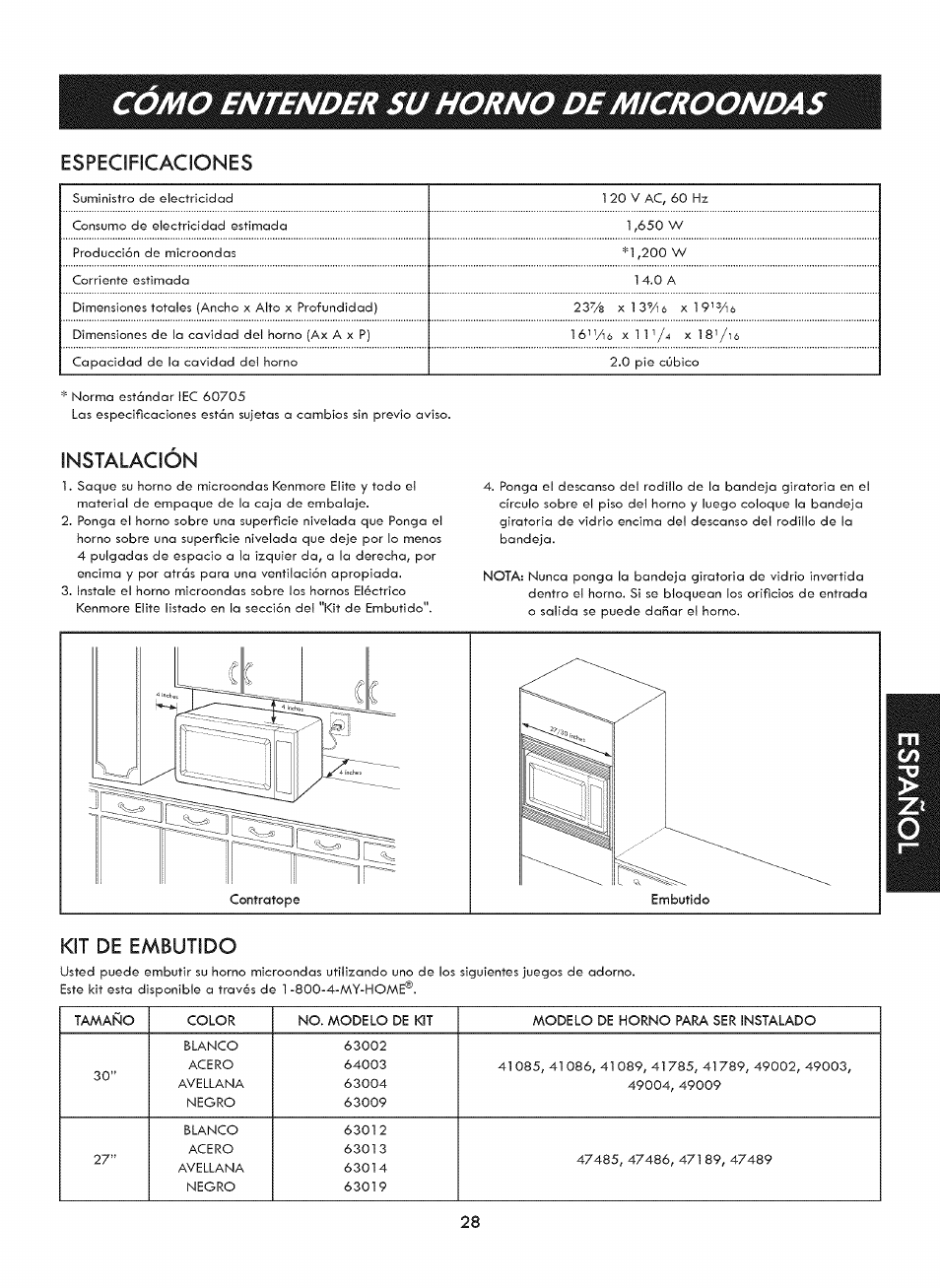 Especificaciones, Instalación, Kit de embutido | Como entender su horno de microondas | Kenmore ELITE 721. 7920 User Manual | Page 28 / 51