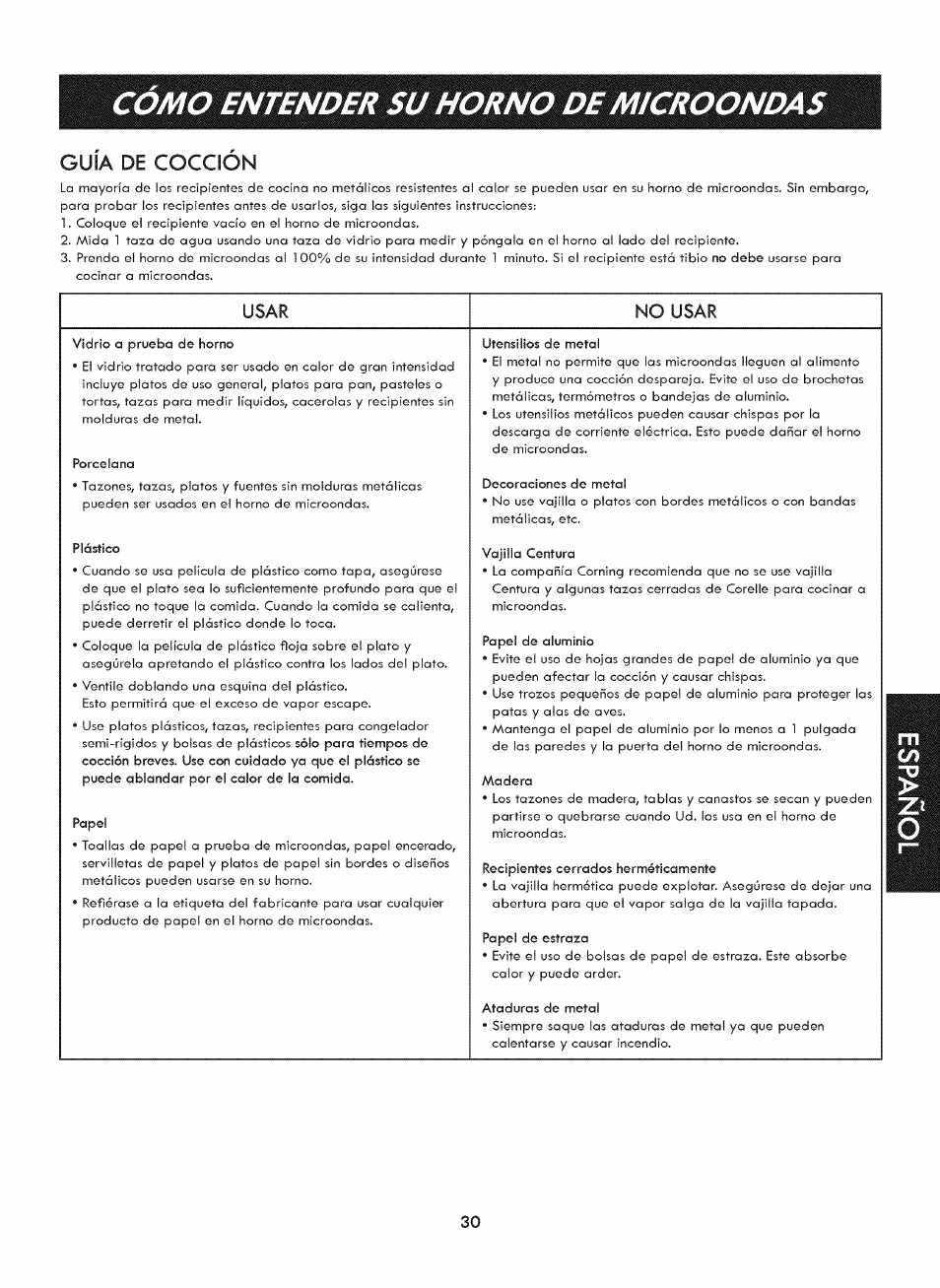Guia de coccion, Usar, No usar | Guía de cocción, Como entender su horno de microondas, Usar no usar | Kenmore ELITE 721. 7920 User Manual | Page 30 / 51