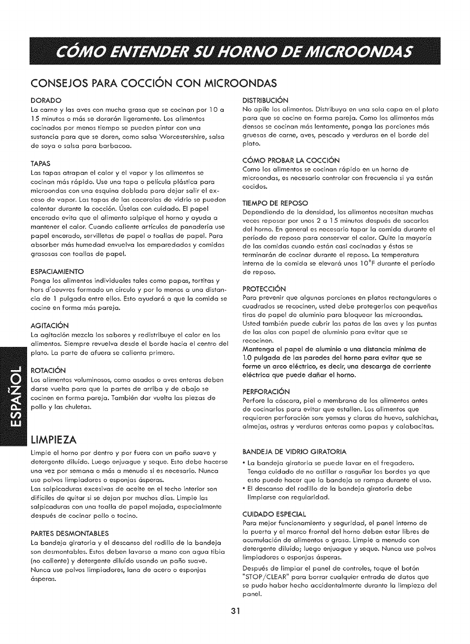 Limpieza, Como entender su horno de microondas, Consejos para coccion con microondas | Kenmore ELITE 721. 7920 User Manual | Page 31 / 51