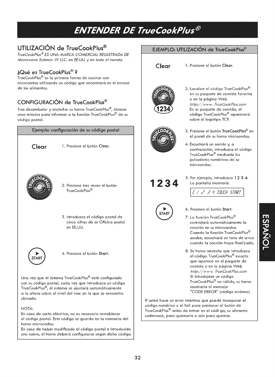 Utilización de truecookplus, Qué es truecookplus, Configuración de truecookplus | Clear, Í23j), Using truecookplus, Configuración de control, Entender de truecookplus | Kenmore ELITE 721. 7920 User Manual | Page 32 / 51