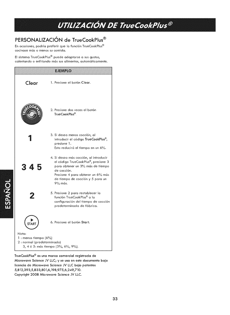 Personalizacion de truecookplus, Clear, Utilización de truecookplus | Utilizacion de truecookplus | Kenmore ELITE 721. 7920 User Manual | Page 33 / 51