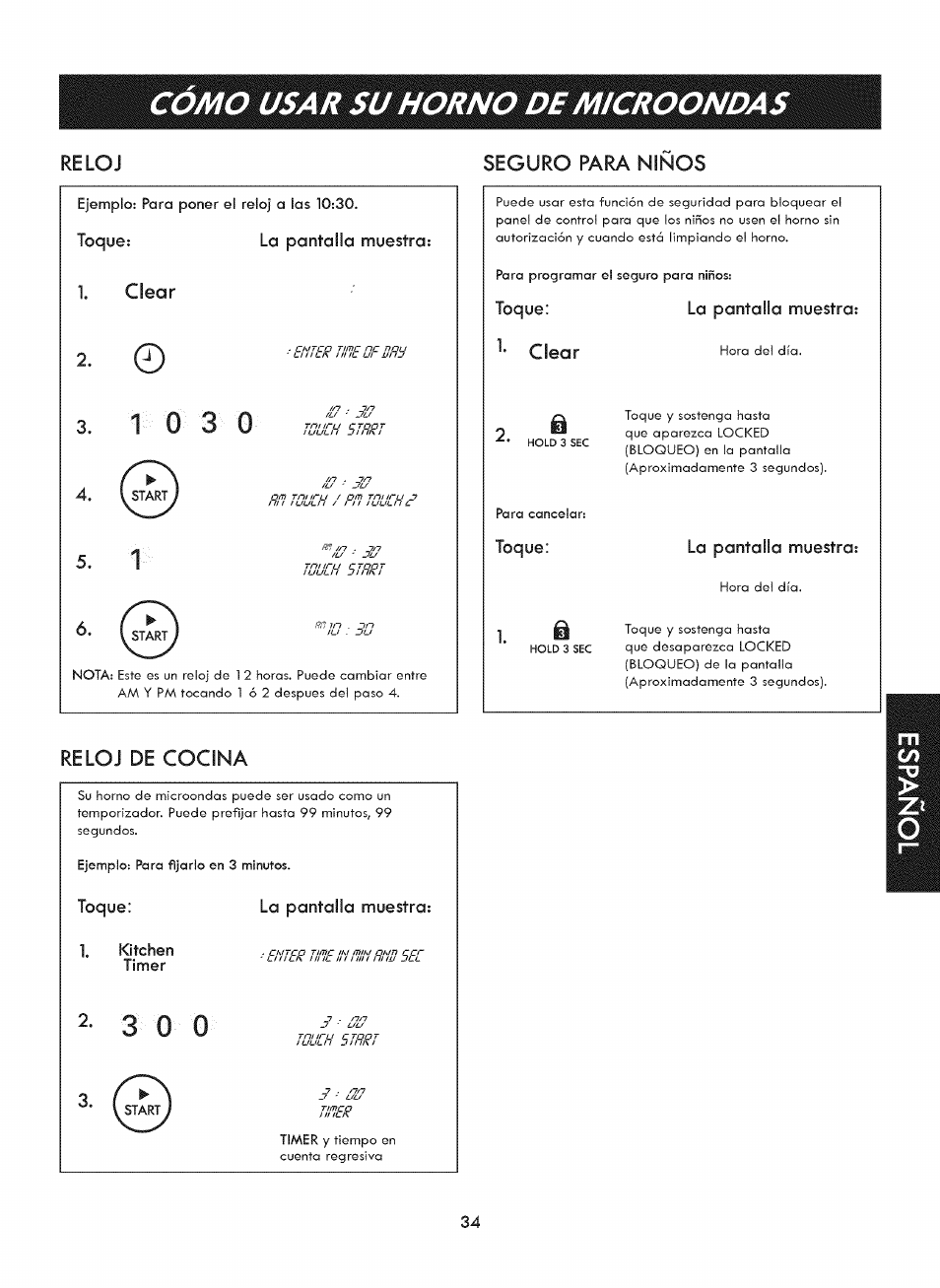 Reloj, Toque, Clear | La pantalla muestra, Seguro para ninos, Reloj de cocina, Seguro para niños, Como usar su horno de microondas, Toque; la pantalla muestra: clear, Toque; la pantalla muestra | Kenmore ELITE 721. 7920 User Manual | Page 34 / 51