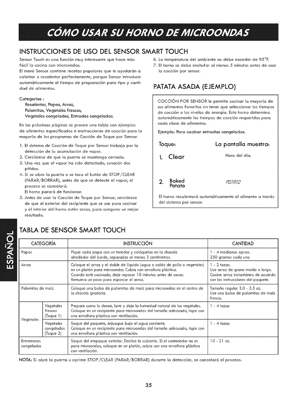 Instrucciones de uso del sensor smart touch, Patata asada (ejemplo), Tabla de sensor smart touch | Como usar su horno de microondas, Toque: la pantalla muestra | Kenmore ELITE 721. 7920 User Manual | Page 35 / 51