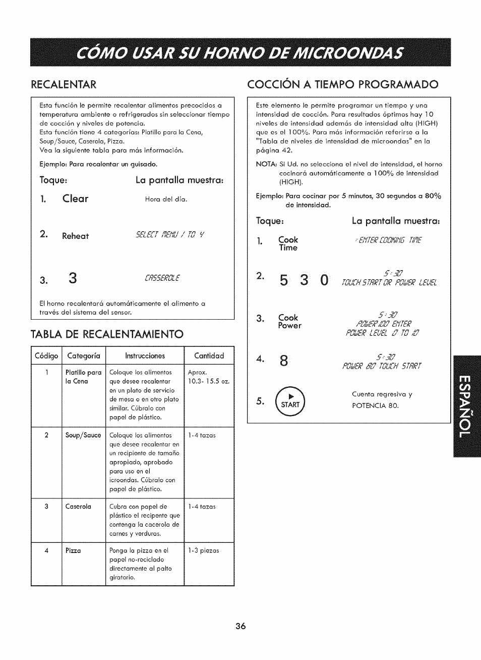 Recalentar, Clear, Tabla de recalentamiento | Como usar su horno de microondas, Coccion a tiempo programado, Toque: la pantalla muestra, Toque: 1, La pantalla muestra | Kenmore ELITE 721. 7920 User Manual | Page 36 / 51