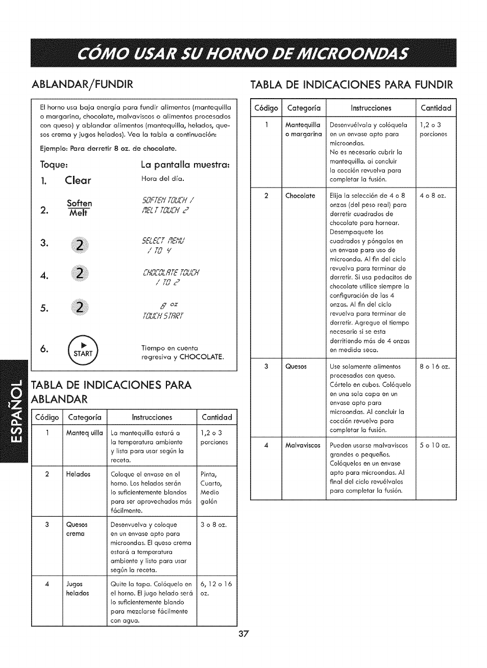 Ablandar/fundir, Tabla de indicaciones para fundir, Tabla de indicaciones para ablandar | Como usar su horno de microondas, Toque: la pantalla muestra, Melt, Ablandar/fundir tabla de indicaciones para fundir, Clear | Kenmore ELITE 721. 7920 User Manual | Page 37 / 51