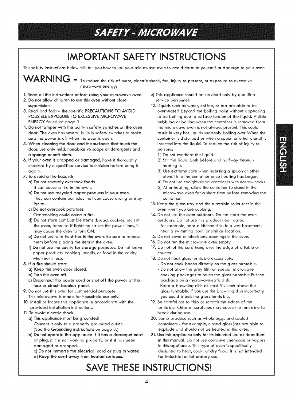 Important safety instructions, Save these instructions, Warning | Safety- microwa | Kenmore ELITE 721. 7920 User Manual | Page 4 / 51