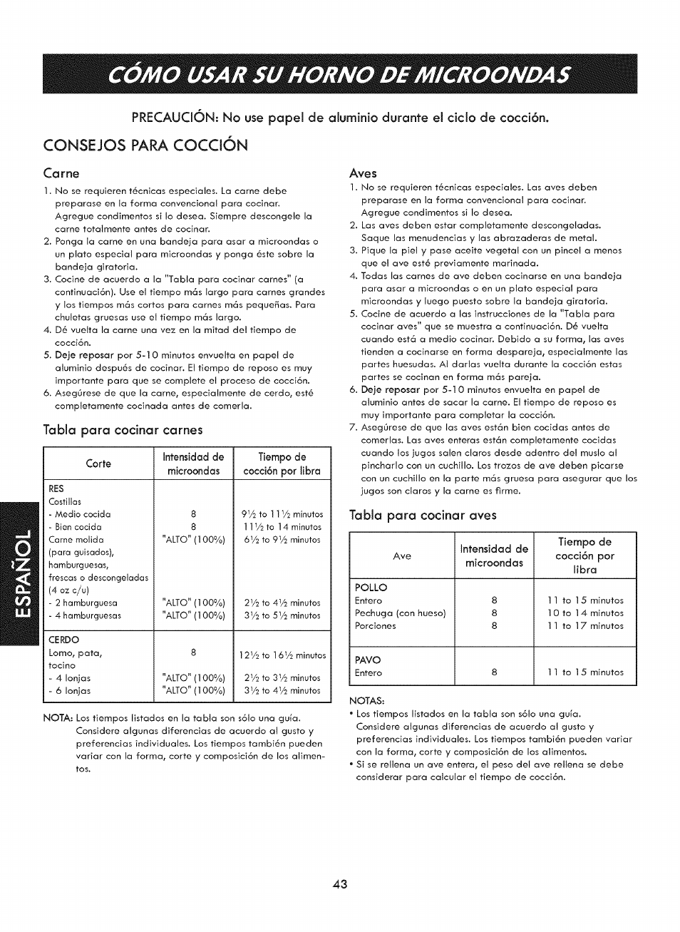 Aves, Carne, Tabla para cocinar carnes | Tabla para cocinar aves, Consejos para cocción | Kenmore ELITE 721. 7920 User Manual | Page 43 / 51